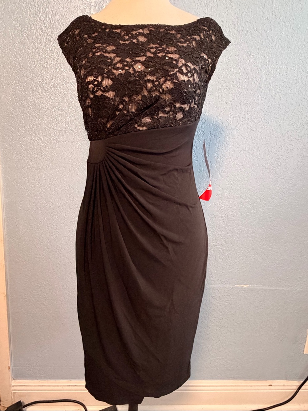connected apparel Black Lace Bodice Ruched Midi Dress